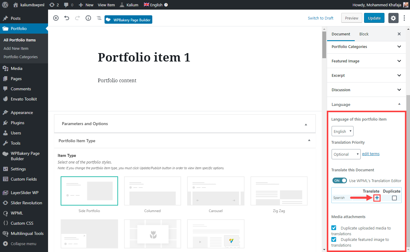 Click on the plus icon to translate the Portfolio page